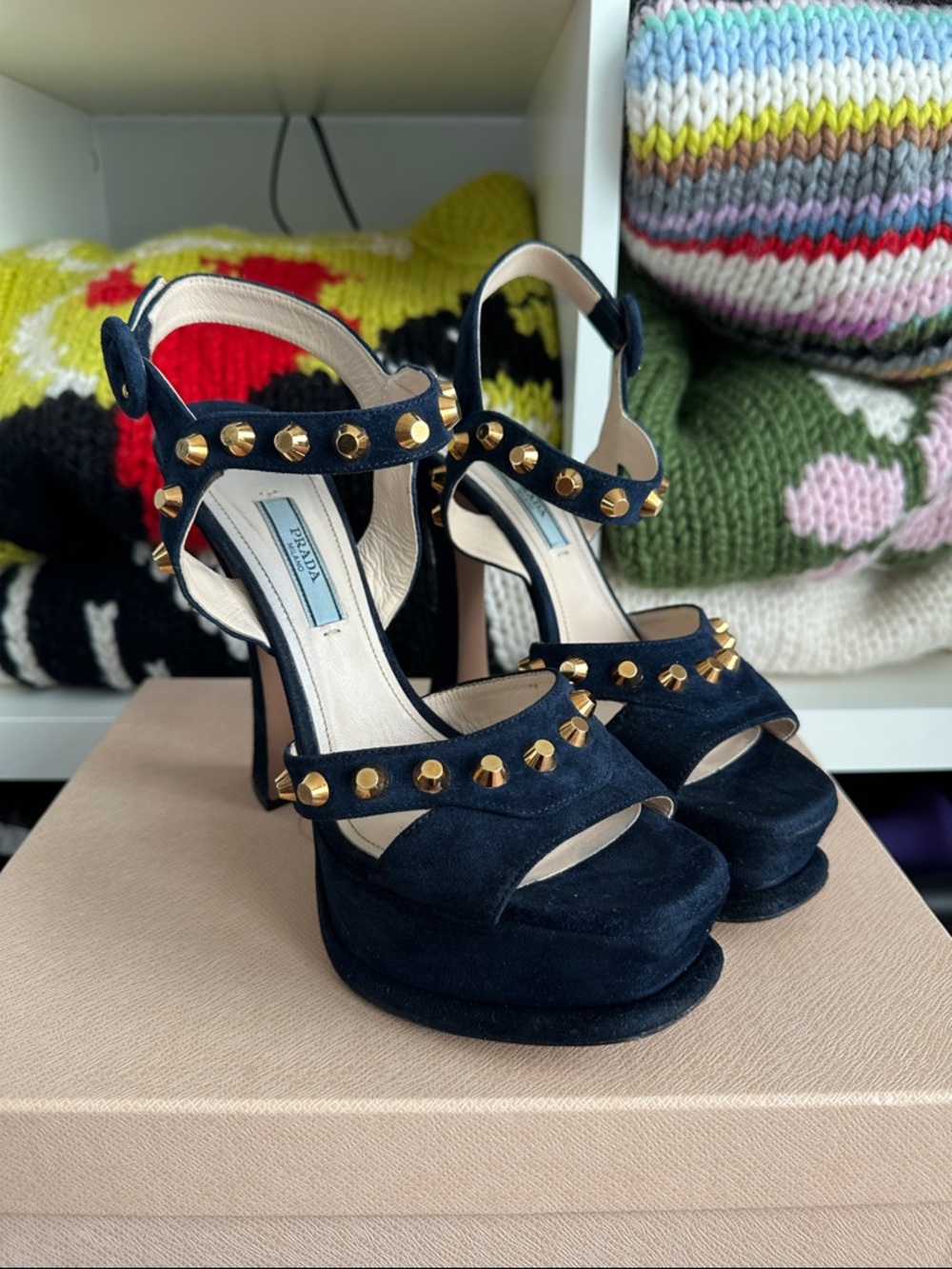 Prada Blue Suede and Gold Studded Platform Heels